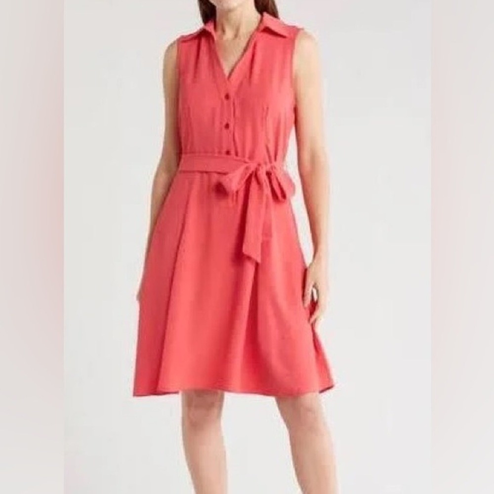 Ellen Tracy Sleeveless Shirt Dress Womens Size L Geranium Red Belted New Preppy